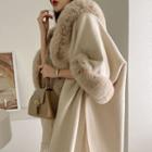 Hooded Faux-fur Lined Cape Cardigan Beige - One Size