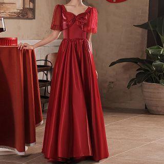 Short-sleeve Mesh Panel Satin A-line Evening Gown