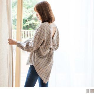 V-neck Cutout Back Plaid Top