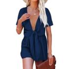 Short-sleeve V-neck Tie-front Romper