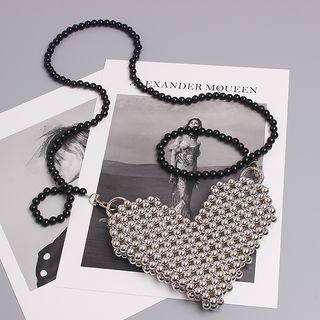 Heart Faux Pearl Crossbody Bag Black & Silver - One Size