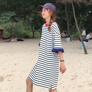 Striped Elbow-sleeve T-shirt Dress With Belt