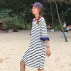 Striped Elbow-sleeve T-shirt Dress With Belt
