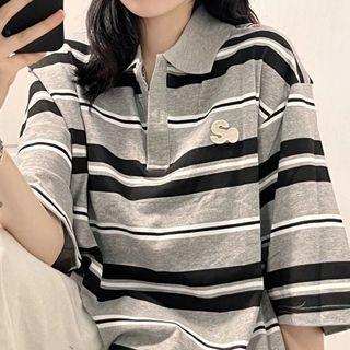 Elbow-sleeve Collar Striped T-shirt