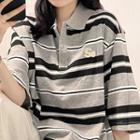 Elbow-sleeve Collar Striped T-shirt