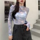 Mock-neck Tie-dye Mesh Top