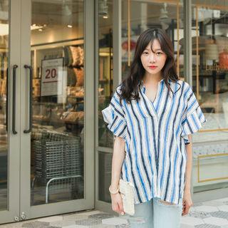 Ruffled Short-sleeve Stripe Shirt