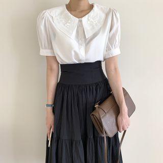 Flower Embroidered Short-sleeve Blouse / High-waist Midi A-line Skirt