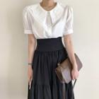 Flower Embroidered Short-sleeve Blouse / High-waist Midi A-line Skirt