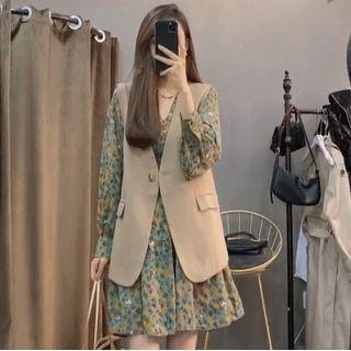V-neck One Button Vest / Set: Floral Print A-line Dress + Vest