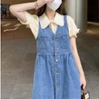 Short-sleeve Lace Trim Shirt / Button-up Denim Mini Overall Dress / Set