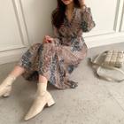 Wrap-front Floral Long Dress Light Pink - One Size