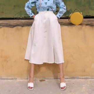 Fray-hem Long Flare Skirt