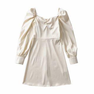 Long-sleeve Ruffle Trim Plain Mini A-line Dress