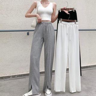 Drawstring Front-slit Wide-leg Pants