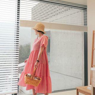 Tiered-hem Gingham Long Dress With Sash