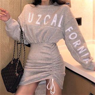 Lettering Drawstring Pullover Dress Gray - One Size