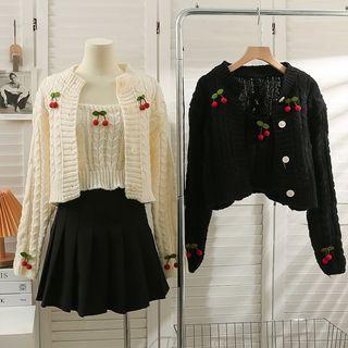 Set: Cherry-accent Knit Crop Tank Top + Crew-neck Cardigan