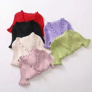 Ruffled Short-sleeve Ribbed Knit Cardigan
