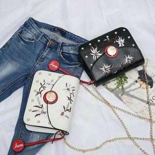Embroidered Faux-leather Chain-strap Shoulder Bag