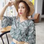 Leaf Print V-neck Elbow-sleeve Crop Top