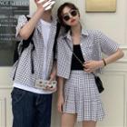 Couple Matching Short-sleeve Plaid Shirt / Pleated Skirt