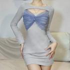 Long-sleeve Mesh Bow Mini Bodycon Dress