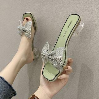 Rhinestone Bow Low Heel Slide Sandals