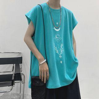 Sleeveless Crescent Flower Print T-shirt