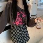 Long-sleeve Print T-shirt / Plaid Skirt