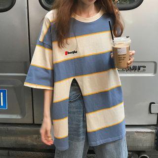 Striped Elbow-sleeve Slit T-shirt