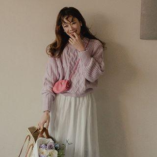 Raglan Cable-detail Rib-knit Sweater Light Purple - One Size