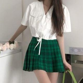 Short-sleeve Pocket Detail Blouse / Plaid Mini Pleated Skirt