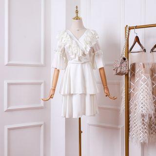 Elbow-sleeve Ruffled A-line Tiered Dress