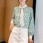 Long-sleeve Tie-neck Pattern Blouse