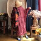 Long-sleeve Linen Midi A-line Dress Bean Red - One Size