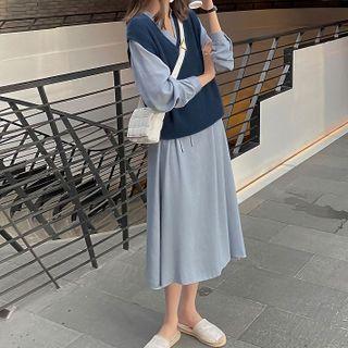 V-neck Knit Vest / V-neck Plain Midi Dress