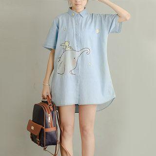 Elephant Embroidered Short-sleeve Shirt Dress