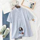 Short-sleeve Embroidered Striped Shirt Blue - One Size