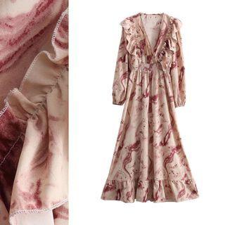 Long Sleeve Ruffle Printed A-line Dress