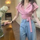 Short-sleeve V-neck Plain Cropped Top Pink - One Size