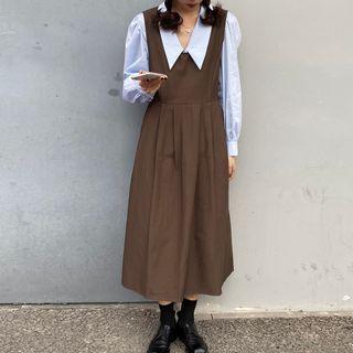 Long-sleeve Shirt / Pleated Midi A-line Overall Dress