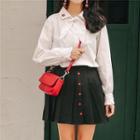 Embroidered Tie-neck Long-sleeve Blouse / Mini A-line Pleated Skirt / Set