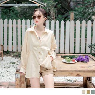 Plain Long-sleeve Button-down Shirt