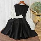 Long-sleeve Paneled A-line Dress Black - One Size