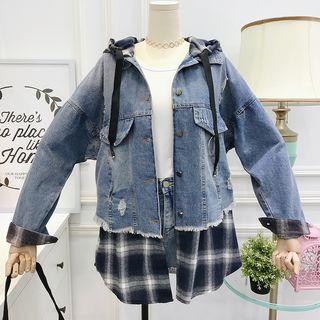 Patchwork Mock Two-piece Hooded Denim Jacket