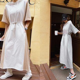 Drawstring Two-tone Maxi Hoodie Dress