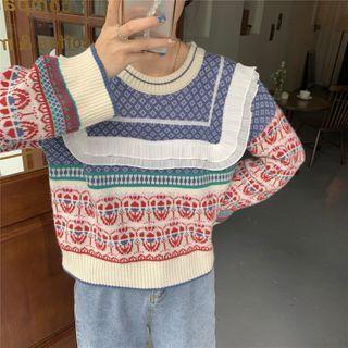 Jacquard Ruffle Sweater Blue & White & Red - One Size