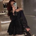 Mesh Panel Glitter Long-sleeve A-line Mini Dress As Shown In Figure - One Size