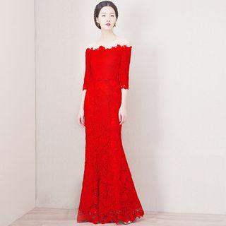 Off Shoulder 3/4-sleeve Mermaid Crochet Lace Evening Gown